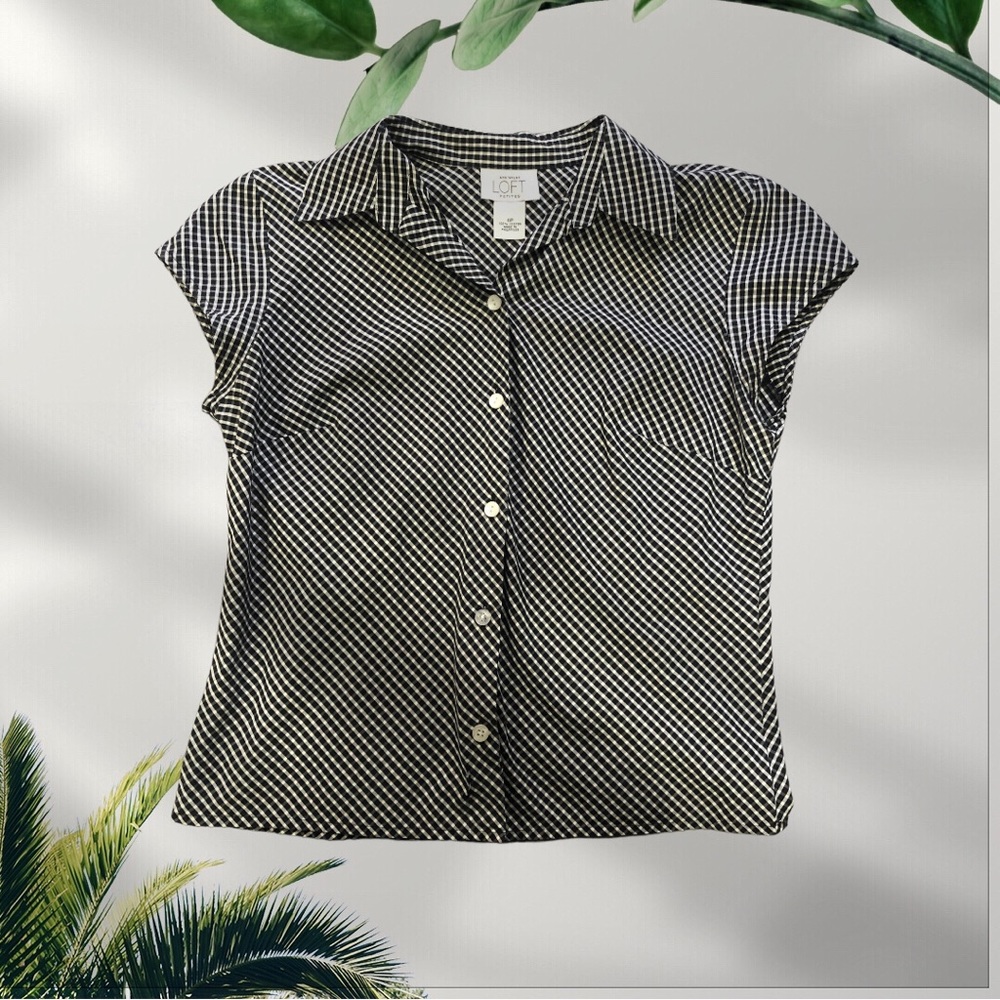 Ann Taylor Loft Petite Black and White Plaid Blouse